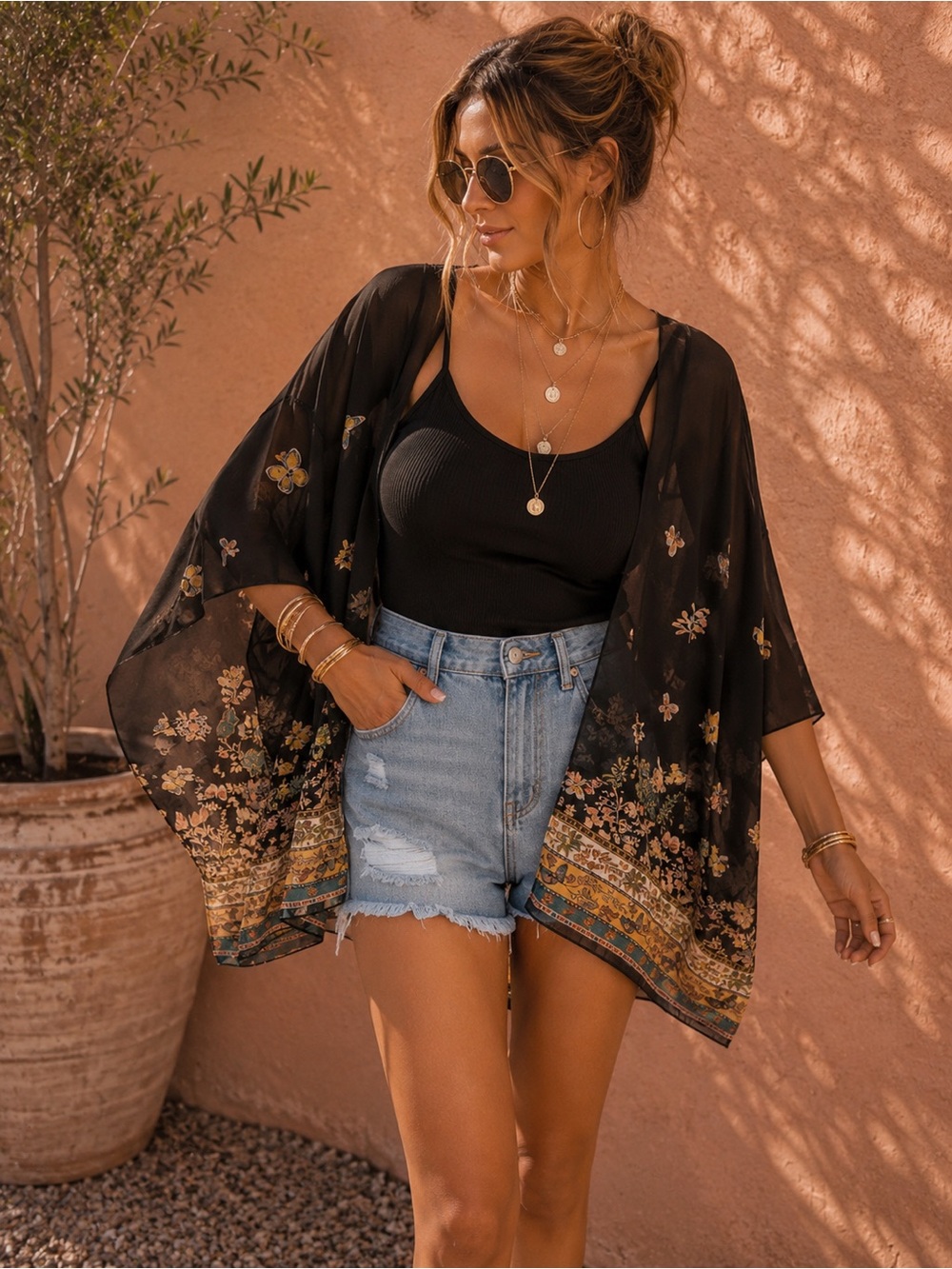 Boho Butterfly Black Floral Kimono Sheer Shawl